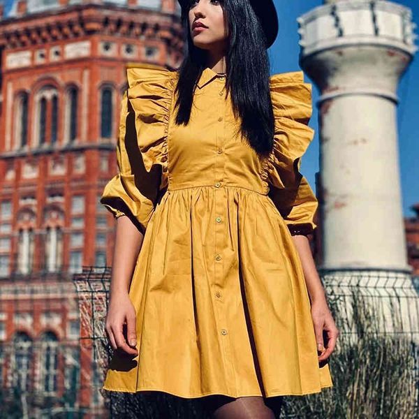 

stylish ruffled shirt-style dress vintage solid fashion sundress for summer beach puff sleeve office lady femme vestidos 210521, Black;gray