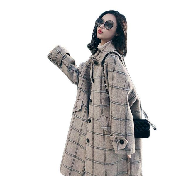 

women's wool & blends casual woolen coat clothing 2022 autumn winter jackets vintage thickened student plaid long coats female d610, Black