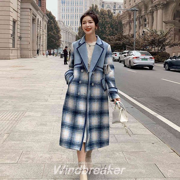 

women's wool & blends deat woman woolen coat blue plaid color block with sashes vintage style lapel collar loose jackets autumn fashion, Black