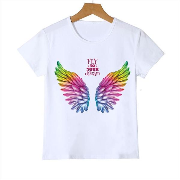 

rainbow t shirt for girls boys fly to dream letter print camisetas kids clothes angel wings, Blue