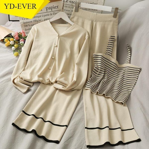 

piece set autumn v-neck single breasted knitted cardigan + striped camis high waist wide leg pants women suit, White