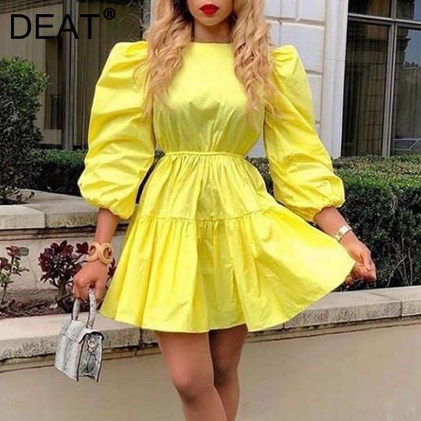 

casual dresses deat 2021 women fashion loose solid color round neck lantern sleeve high elastic waist ruffle dress summer autumn 7e1047, Black;gray