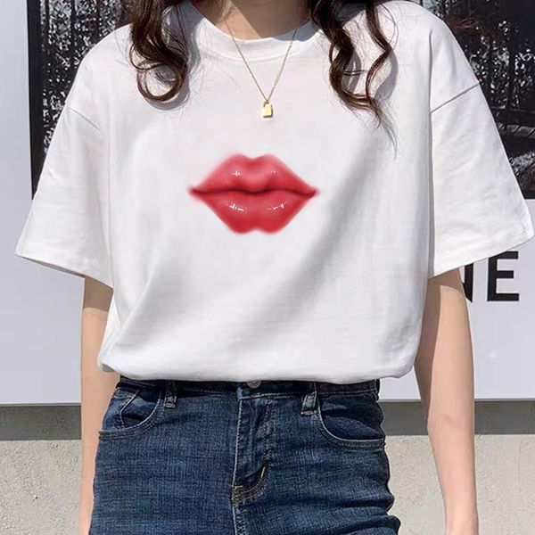 

red lips female shirt love fashion style short sleeve cotton women's clothing lovely white o neck oversized summer for t-shirt