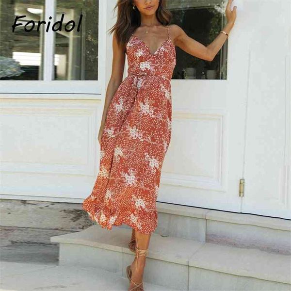 Foridol Spring Casual Beach Dress Donna Elegante Backless Maxi Summer Dress Floral Midi Dress Long Vestidos De Mujer 210415