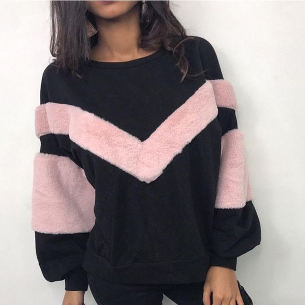 

women's hoodies & sweatshirts warm women plush sweatshirt stitching long sleeve patchwork pullover jumper, Black