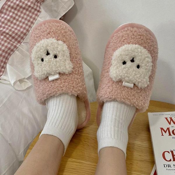 

slippers pink women's slippers smile retro soft teddy snug warm slide-in qm2h, Black