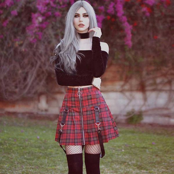 

skirts hipster skirt teen girls streetwear women punk harajuku front zipper suspender belt high waist goth mini red plaid black xz