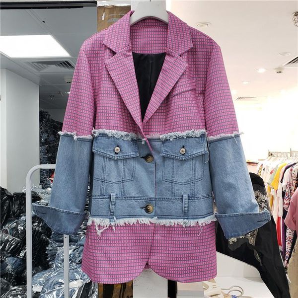 

women's suits & blazers [ewq] korea chic plaid stitched denim temperament lapel loose and thin pink blazer coat 2021 autumn winter fema, White;black