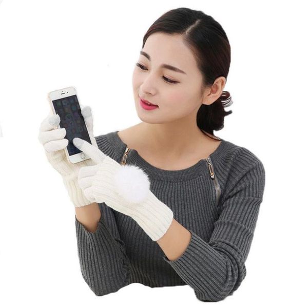 

sports gloves indjxnd touched screen fur ball cute fingerless mitten two-piece women's winter fashion warm female woolen mittens, Black