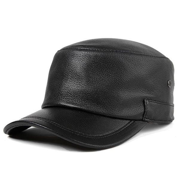 

autumn winter genuine leather military cap men father middle-aged elderly outdoor warm earmuffs casual hat wide brim hats, Blue;gray