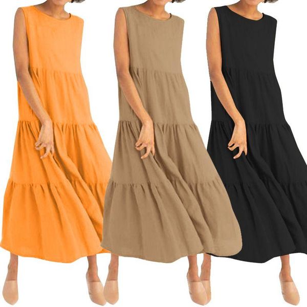

casual dresses zanzea 2021 women's summer sundress elegant hollow robe femme sleeveless tank vestido female solid ruffle dress plus siz, Black;gray