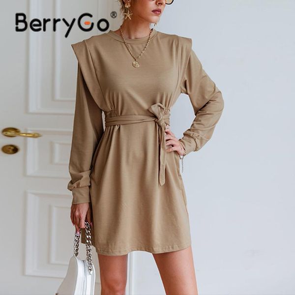 

casual dresses berrygo autumn winter elastic waist basic dress women long sleeve o-neck belt female fashion a-line loose mini, Black;gray