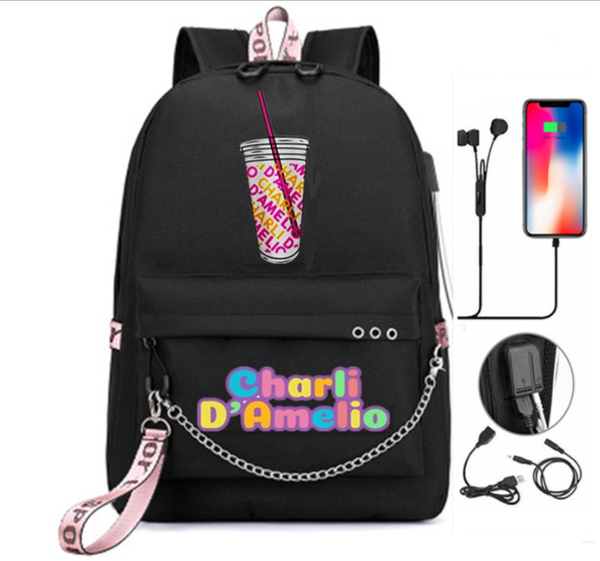

charli damelio backpack teenager boys girls usb charge school bag men travel bagpack bookbag mochila women pink laptop