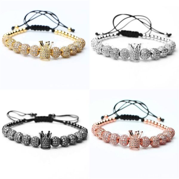 

new fashion men micro pave cz cubic zircon jewelry charm of the crown and 4mm round beads braided bracelet female pulseira macrame 107 r2, Black