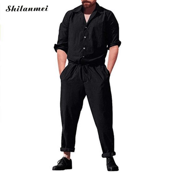 

men's pants plus size men long sleeve jumpsuits 2021 summer button pockets casual overalls working joggers solid male playsuits, Black