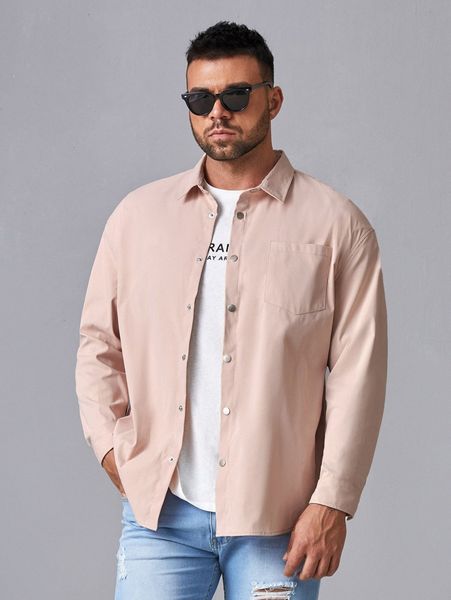 

extended sizes men patched pocket drop shoulder denim shirt d1u7#, White;black