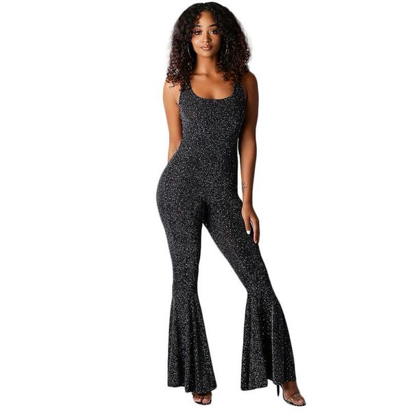 

women's jumpsuits & rompers fashion shine summer sleeveless casual bell-bottom jumpsuit no back party, Black;white