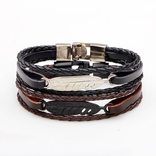 

fashion personalized alloy feather punk cowhide hand woven couple bracelet, Golden;silver