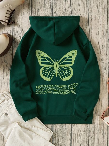 

slogan & butterfly print drawstring thermal lined hoodie r2by#, White;black