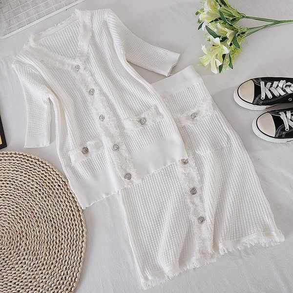 

two piece dress summer style temperament fringed edge small fragrance wind ice silk knitted cardigan skirt western two-piece women, White