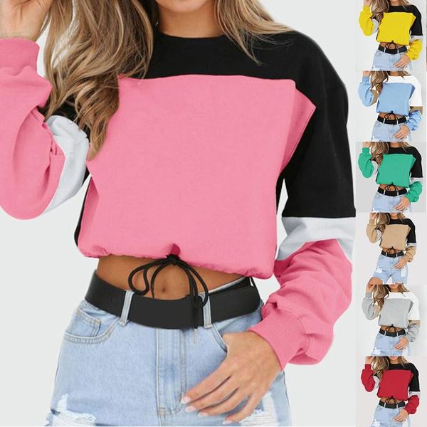 

women's hoodies & sweatshirts womens long sleeve splicing color sweatshirt pullover blouse o neck streetwear crop, Black