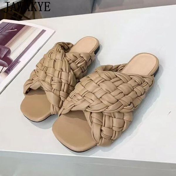 

designer braid flat mules slippers women 2021 summer outdoors sandals criss cross woven nude ladies shoes beach slides, Black