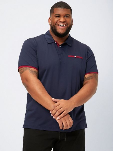 

extended sizes men contrast trim decor pocket polo shirt k3tt#, White;black