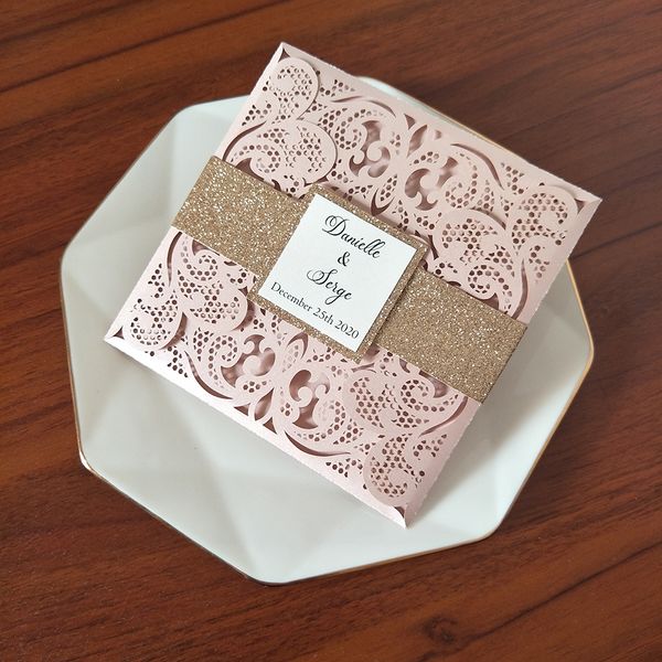 

light pink personalized print laser cut wedding invitation cards with glitter belly band and tag diy glittery insert bridal shower invites, Black