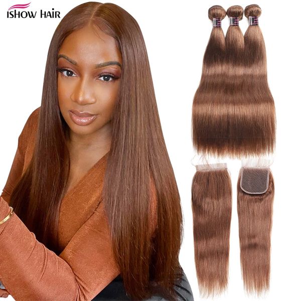 Ishow Ombre цвет волос Weaves Weft Extensions 3 пучка с закрытием кружева 30 T1B / 27 T1B / 99J волна тела человеческие волосы прямые коричневые 2 # 4 #