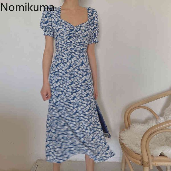 

nomikuma summer vintage dress women square collar short sleeve floral printed dresses slim waist split design vestidos 210514, Black;gray