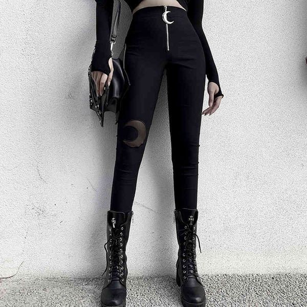 

shestyle moon zipper high waist pencil pant women spring autumn black gothic punk patchwork mesh casual trousers long pantby a, Black;white