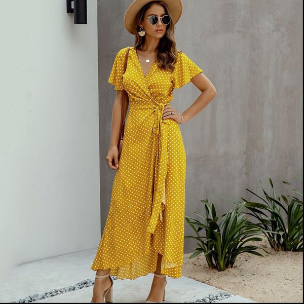 

summer women dresses maxi dress polka dot v neck ruffles short sleeve holiday beach sundress ladies lace up wrap, Black;gray