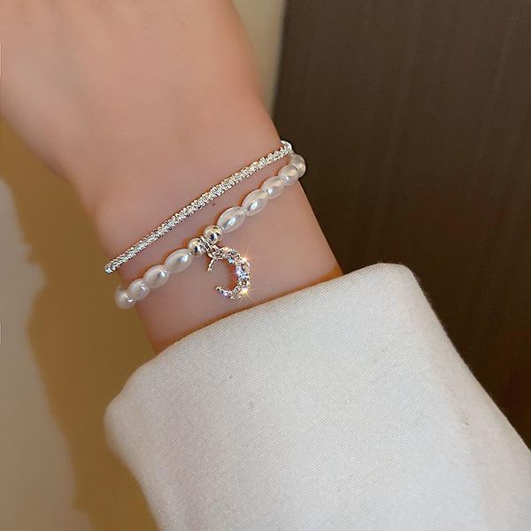 

beaded, strands origin summer shining simulation pearl moon beaded bracelets for women temperament cubic zircon metal double-layer, Black