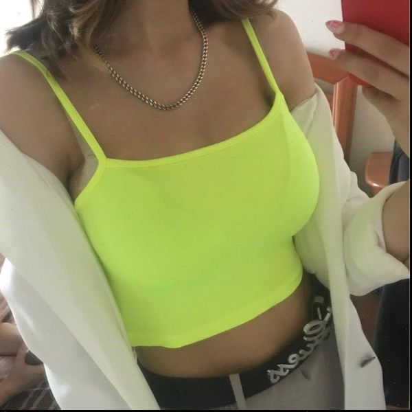 

casual neon green crop womens tanks streetwear slim summer strap cropped haut femme, White
