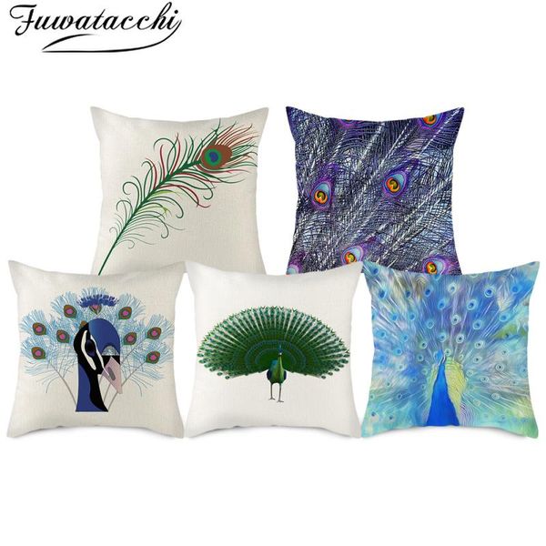 

fuwatacchi linen printed cushion cover peacock feather throw pillow covers for home sofa decor pillowcases funda cojin 45x45cm cushion/decor