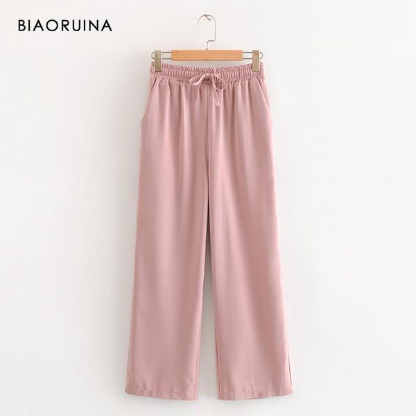 

women's pants & capris biaoruina 6 color casual solid loose pant elastic high waist drawstring female comfort wide leg trousers, Black;white