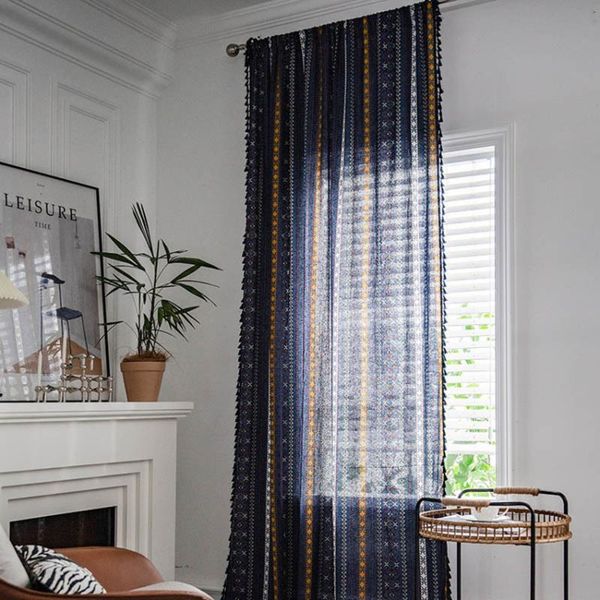 

curtain & drapes bohemia semi shading cotton linen bay window bedroom tassel printing stripe home decoration durable easy clean