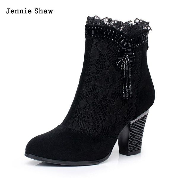 

botas piel autntica para mujer, tacn alto, red, zapatos de encaje, Black