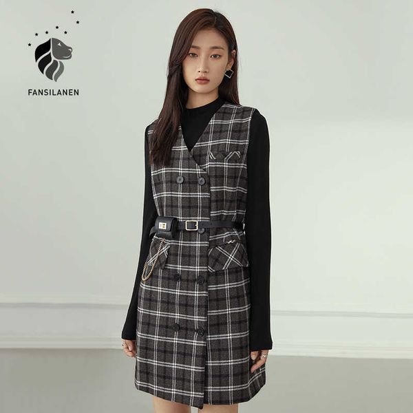 

fansilanen two pieces set casaul plaid blazer dress women sleeveless belt elegant office autumn winter vintage mini 210607, Black;gray