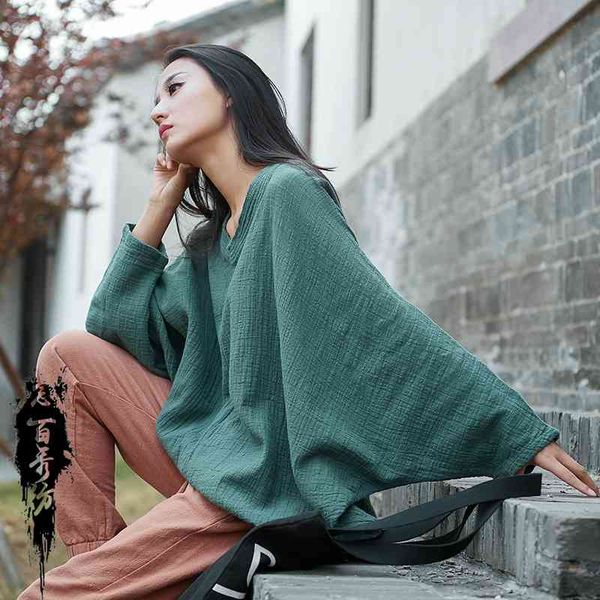 

2021 spring and summer cotton and linen women's wear new product nianbaixiu spinning national style texture show thin pullover v-neck b, White