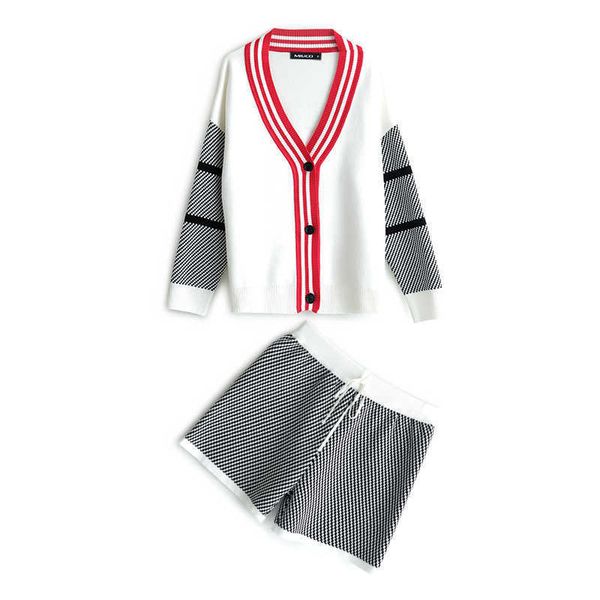 

perhaps u women knitted black white long sleeve cardigan short 2 two pieces set plaid t0400 210529