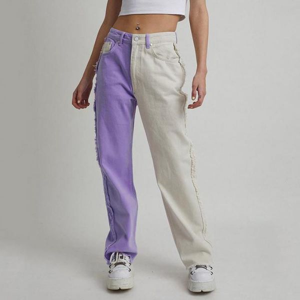 

women's pants & capris women mom jeans 2021 streetwear color blocked high waist loose y2k girls vintage straight purple and white denim, Black;white