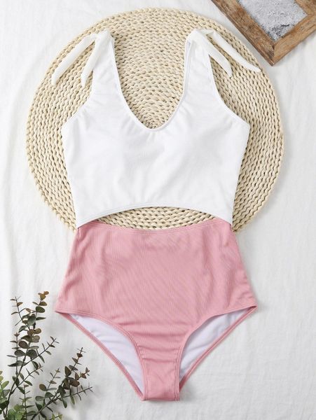 

color block rib one piece swimsuit m1hg#, White;black