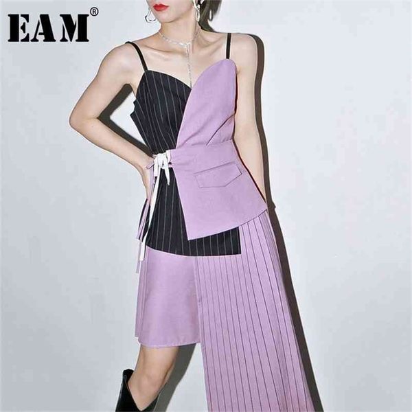 

[eam] women purple contrast color asymmetrical camis new v-collar sleeveless personality fashion tide spring autumn 1s616 210407, White
