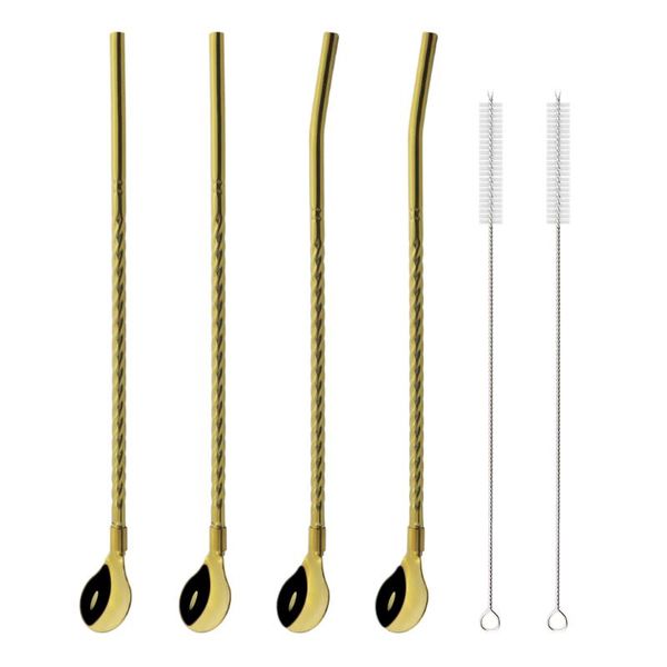 

drinking straws gold straw spoon with cleaner brush stainless steel metal reusable party milk bar stirring accessory
