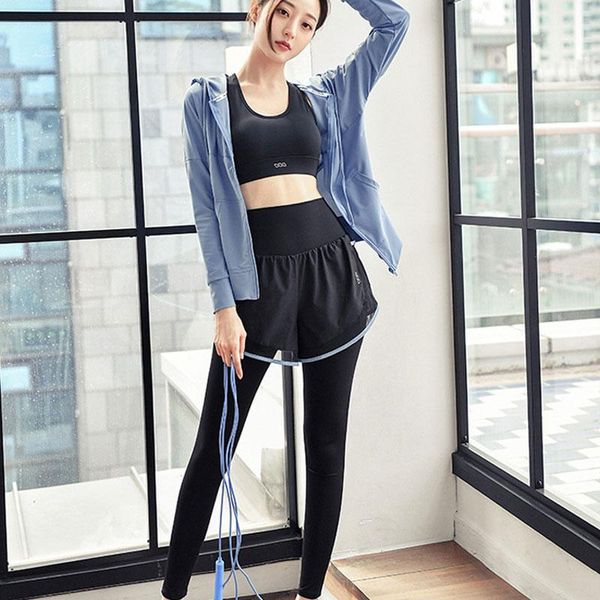 

yoga outfit quick dry women clothing hooded coats+t shirt+bra+shorts+pants 5 pieces set womens autumn outdoor running sportswear gym