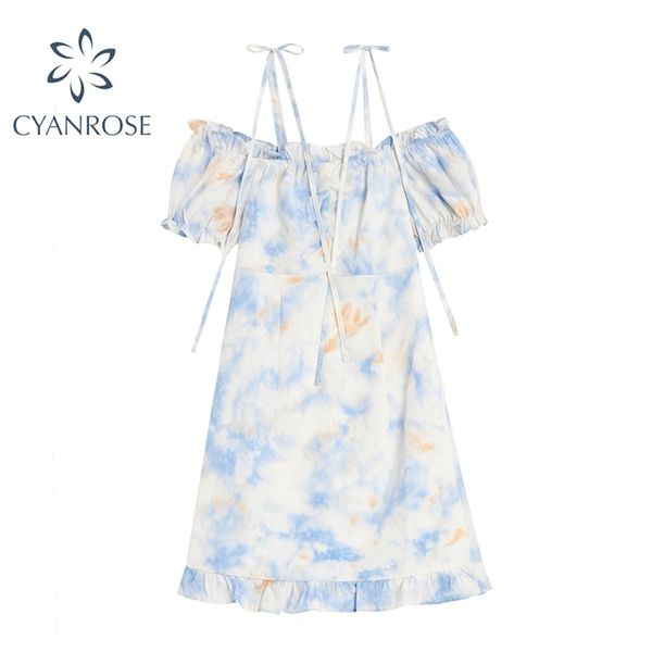

. summer women blue tie dye mini dress fashion vintage elegant off shoulder puff short sleeve slim dresses female 210515, Black;gray