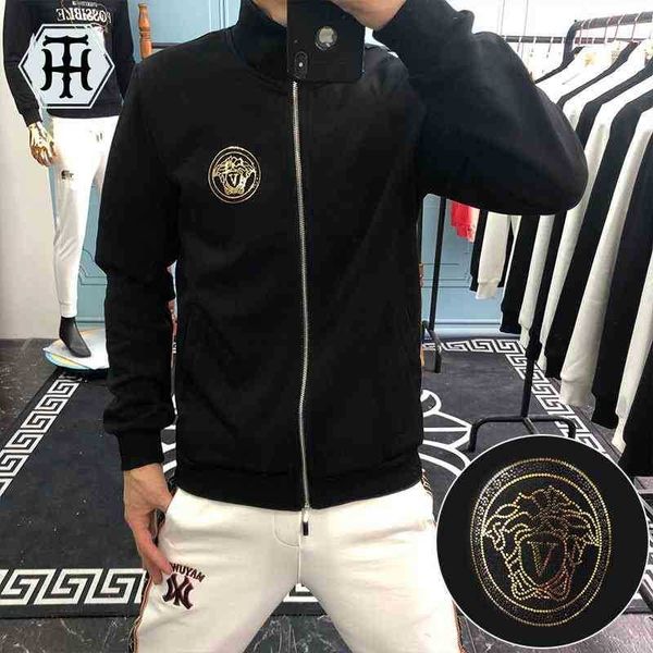 

sweater autumn sports coat men's fashion brand beauty head sequin zipper stand collar cardigan top, Black;brown