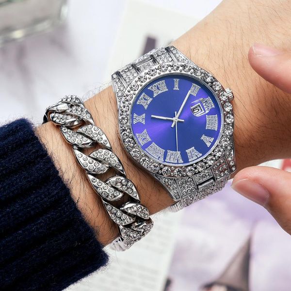 

wristwatches full iced out watch + bracelet for men women couple luxury red dial green water ghost gold diamond mens set calendar reloj, Slivery;brown