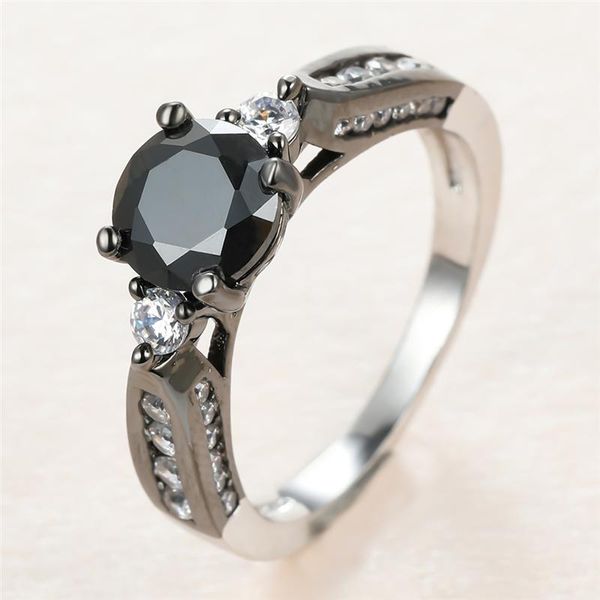 

male female vintage round crystal stone ring antique black gold wedding rings for women men punk white zircon engagement, Slivery;golden